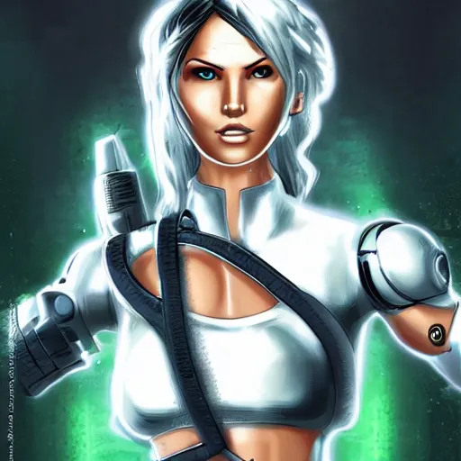 Image similar to Cyborg Lara Croft with white hair, green eyes, exploring futuristic base, Deus Ex elegant clothes, illuminated by surrounding lights, high quality, highly detailed