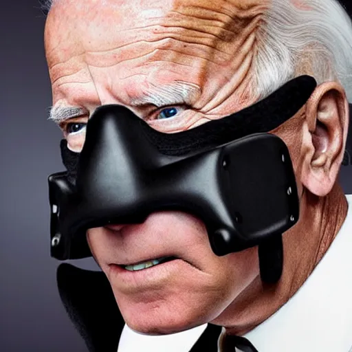 Image similar to uhd candid photo of cosmic joe biden wearing a rubber muzzle, with accurate face, real rubber muzzle, uhd, studio lighting, correct face, photo by annie leibovitz