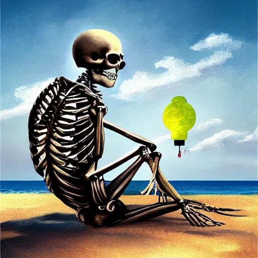 Image similar to (((Beautiful digital painting portrait))) of relaxed skeleton walking on the tropical beach!!! with nuclear bomb explosion in the background!!!, by James Gurney, high quality, trending on Artstation, realistic, tropical color scheme, anatomically correct skeleton, high coherence, blue sky