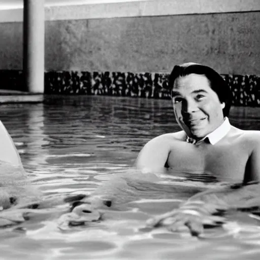 Prompt: black and white photo tom jobim in a pool with vinicius de moraes