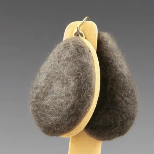 Image similar to a granite earring. It is decorated with alpaca wool and encircled with bands of birch. This object menaces with with spikes of emu leather.