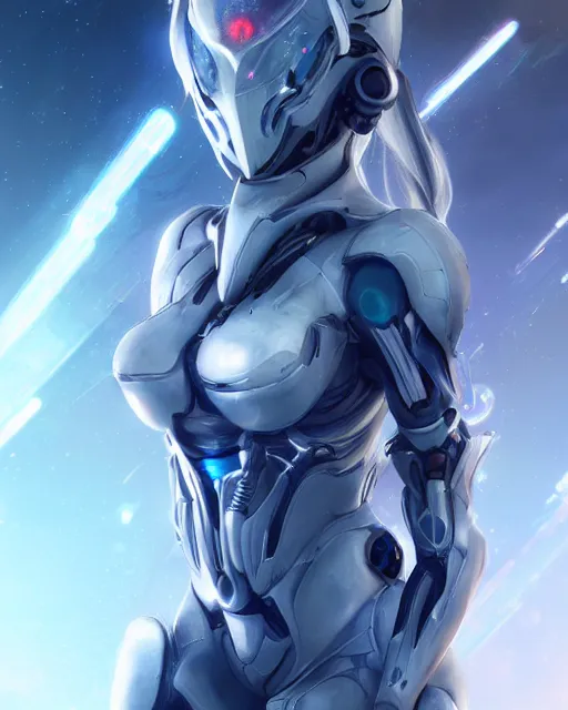 Image similar to perfect android girl on a mothership, warframe armor, beautiful face, scifi, futuristic, galaxy, nebula, bae suzy, dreamy, long white hair!!!, blue cyborg eyes, sharp focus, cinematic lighting, highly detailed, artstation, divine, by gauthier leblanc, kazuya takahashi, huifeng huang