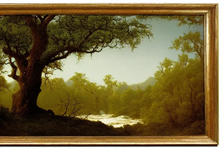 Image similar to oil painting of a old tree next to a raging river by martin johnson heade