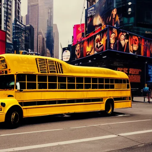 Prompt: yellow school bus eaten swallowed by giant snake, anaconda, huge snake, big snake, time square, cinematic, dramatic, film still