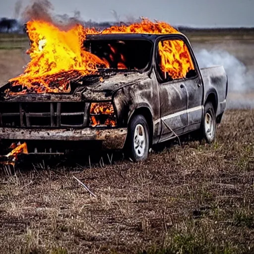 Image similar to burnt out pickup truck on fire in a field