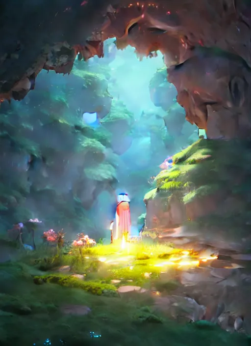 Image similar to a cave where can see a super nice garden, neon circular light round it, illustration concept art anime key visual trending pixiv fanbox by wlop and greg rutkowski and makoto shinkai and studio ghibli