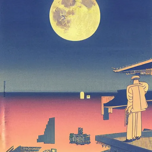 Prompt: full size moon bathing a futuristic Tokyo in light by by Hasui Kawase and Lyonel Feininger