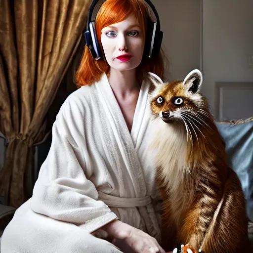 Image similar to a stunning hyper-detailed photo of a slender beautiful woman with straight long ginger hair and bangs, wearing a luxurious silk robe, wearing headphones and posing with her large ginger tabby cat and raccoon and parrots in a red overstuffed easy chair in her Victorian living room, holding a porcelain parrot-shaped coffee mug and a donut, perfect eyes, fashion photography, dramatic cinematic lighting, octane render, IBEX Masters, unreal engine, 85 mm lens, paisley wallpaper