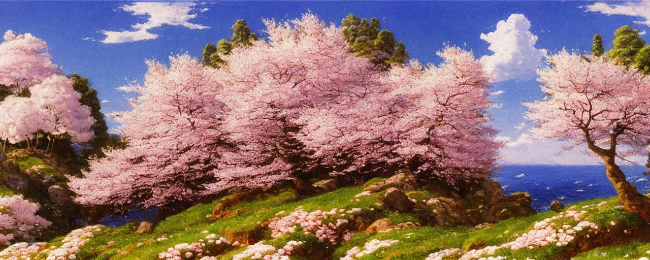 Prompt: ghibli illustrated background of a flowery rocky grassy field with cherry blossom by eugene von guerard, ivan shishkin, john singer sargent