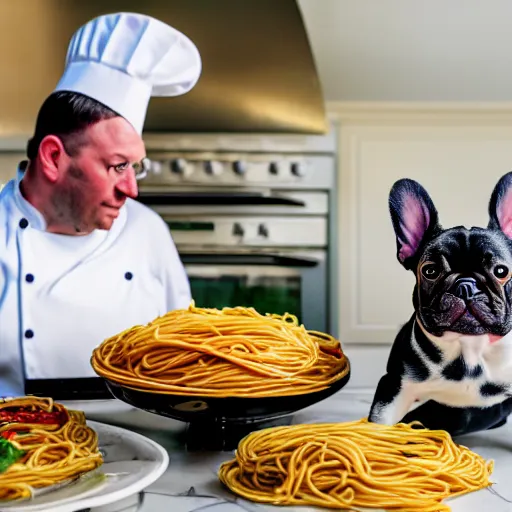 Image similar to a 8k highly detailed still photo by Anne Geddes of Two multi-colored French Bulldogs in chef hats and aprons starring on a cooking show, a plate of spaghetti is prepared, a high end restaurant kitchen in the background, bokeh