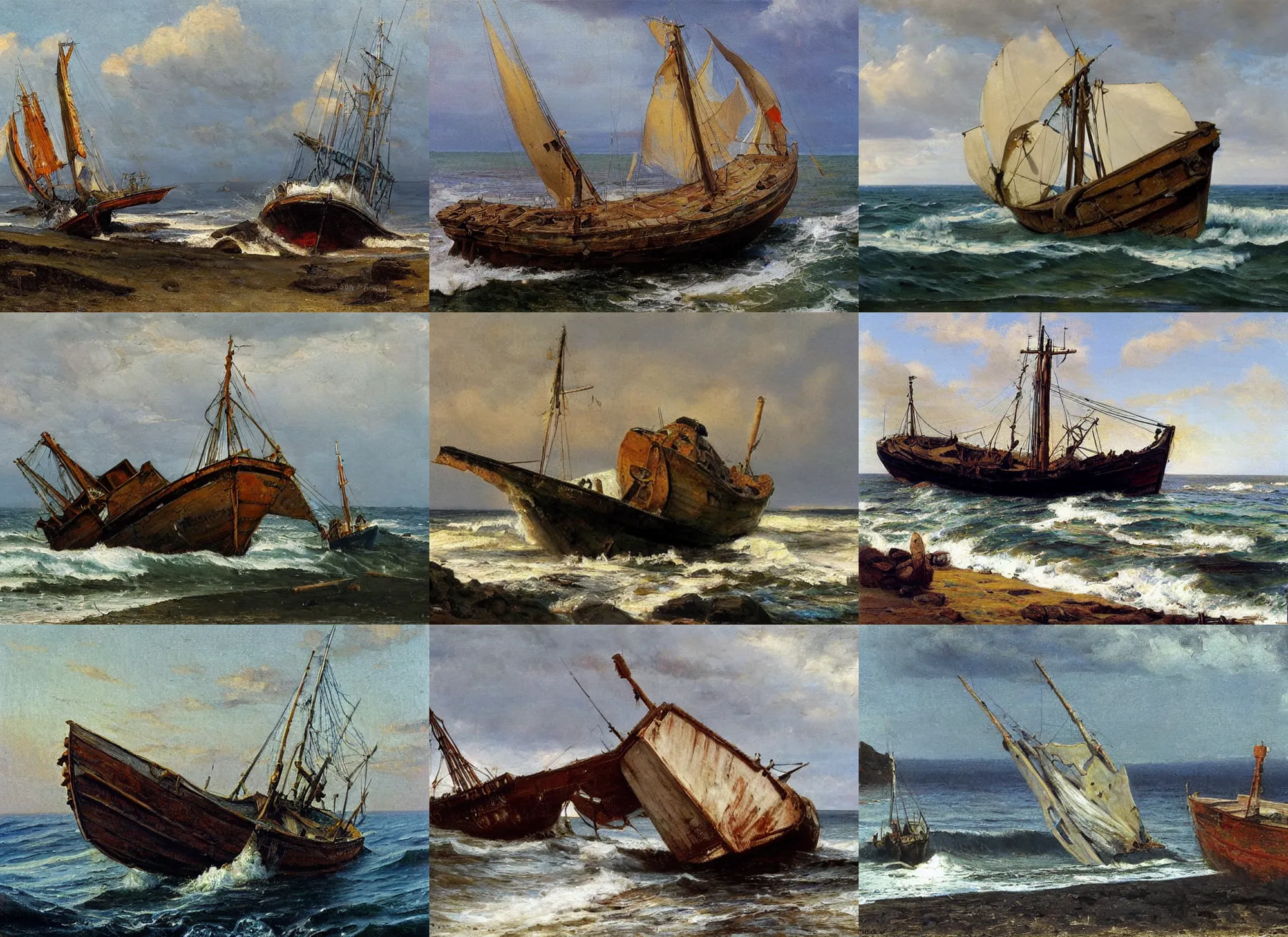 Prompt: painting by ross kramer and christopher blossom and frederick judd waugh old fishing vessel boat aground on sea