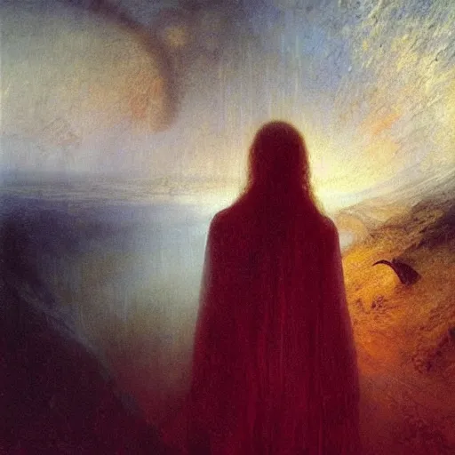 Image similar to a young woman lucid dreaming in cyberspace photoreal, atmospheric, by william turner, by beksinski, by caspar david friedrich, oil painting, romantism, realism, limited palette