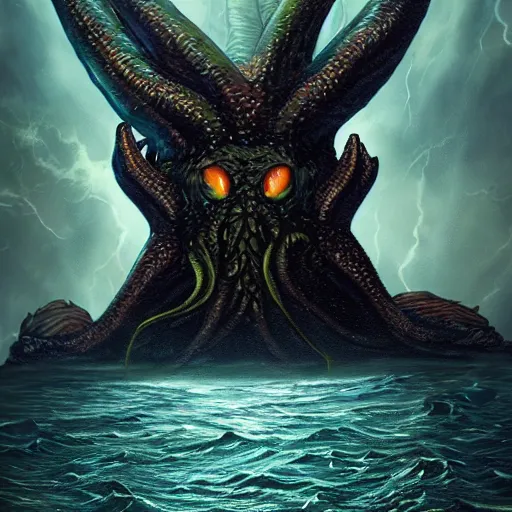 Image similar to the monster Cthulhu in the middle of the ocean with a storm and lightning, ultra realistic artstation, ultra detailed, concept art