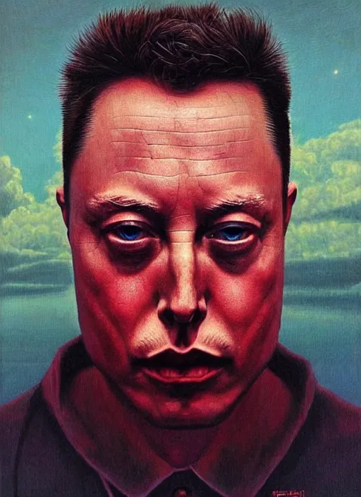 Image similar to A painting in a style of Beksinski featuring Elon Musk. Very detailed, symmetry