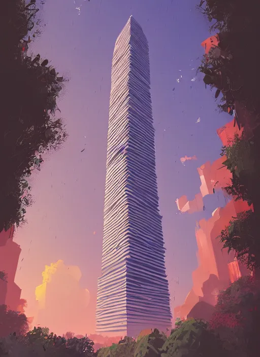 Prompt: geometric skyscraper with florid overgrowth, sunset illustration by alena aenami and makoto shinkai