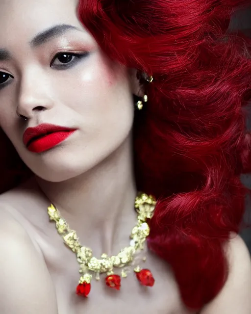 Image similar to Portrait of a European woman, black, close-up, high sharpness, zeiss lens, fashion photo shoot, peony flowers, red hair, red lipstick, in the background of gold, they have rhinestones on their face, Edward Buba, Annie Leibovitz and Steve McCurry, Leslie Zhang, David Lazar, Jimmy Nelsson, Eiko Hosoe, Zhong Lin, artistic, hyperrealistic, beautiful face, octane rendering