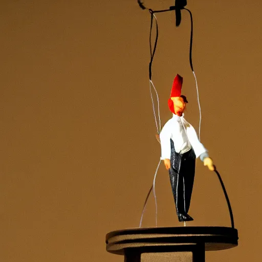 Prompt: siluette of a puppeteer using a string marionette of a president with clown makeup in a podium
