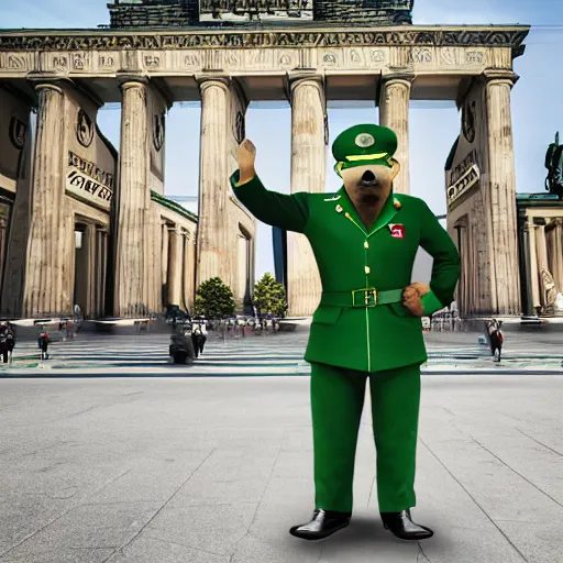 Image similar to a portrait of a socialist bear in a green military uniform with a hat, waving a red flag in Berlin, 4K realistic, hyper detailed, cinematic lighting, wow factor, award winning photo