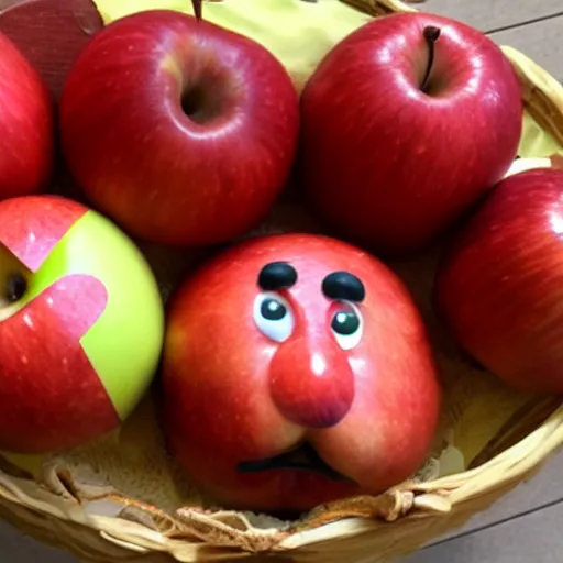 Prompt: anthropomorphic apples with mustaches and hats in a fruit basket