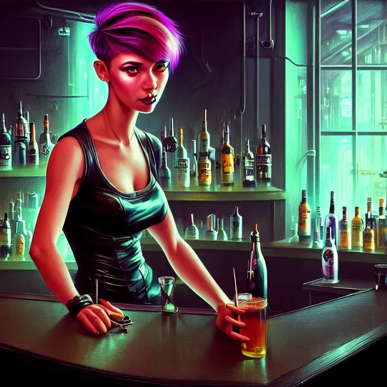 Prompt: a young sophisticated beautiful barmaid, dimly lit industrial grunge cyberpunk dive bar, dystopian retrofuturistic 1980s neon vibe, relaxed pose, sitting at the bar, pixie cut with shaved side hair, wild, highly detailed, digital painting, artstation, sharp focus, illustration, detailed digital art style by artgerm and greg rutkowski + perfect facial symmetry + dim volumetric lighting, vibrant deep colors, 🍸, 8k octane beautifully detailed render, post-processing, extremely hyperdetailed, epic composition, grim yet sparkling atmosphere, cinematic lighting + masterpiece, Art Nouveau