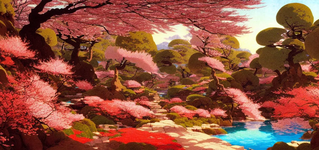 Image similar to ghibli illustrated background of a trail leading through a strikingly beautiful landform with strange rock formations and pools of red water, and cherry blossoms by vasily polenov, eugene von guerard, ivan shishkin, albert edelfelt, john singer sargent, albert bierstadt 4 k