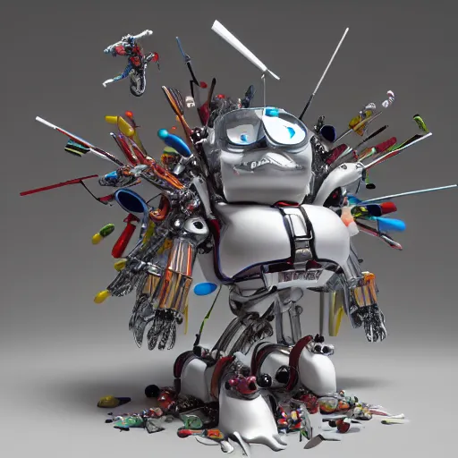 Prompt: dissection of angry ceramic toy Figure mechabot transformer sculpture, c4d, in a Studio hollow, surrounded by flying parts, by jeff koons, blender, by jonathan ive, by david lachapelle, simulation