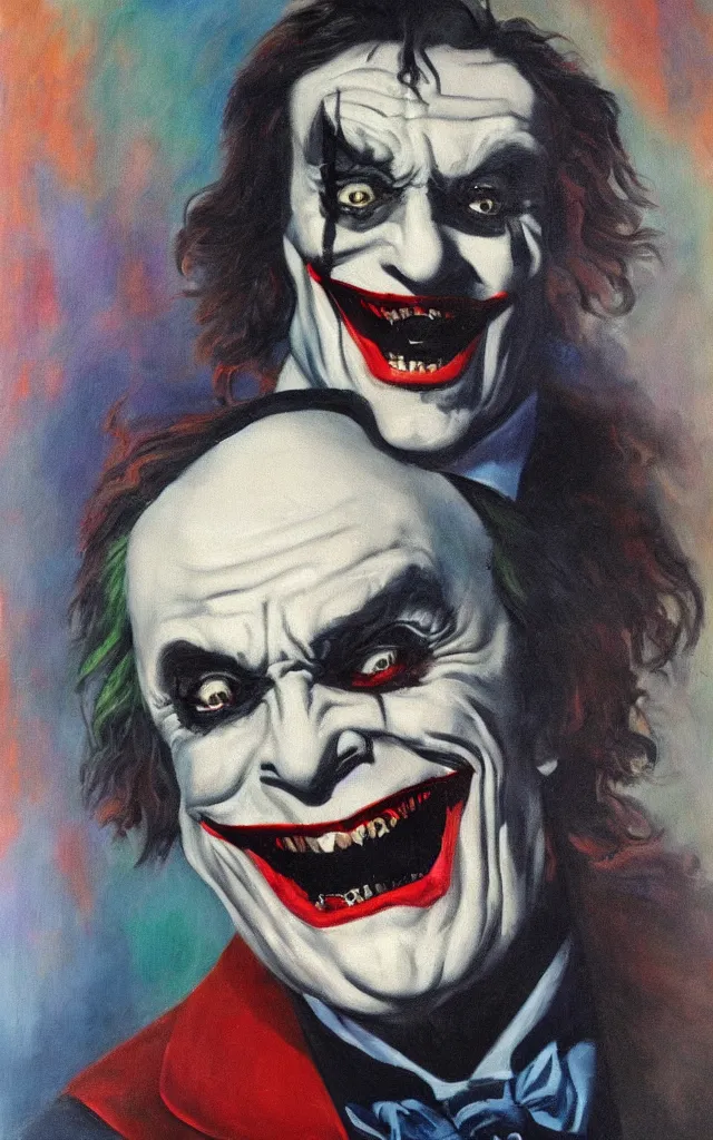 Image similar to portrait of conrad veidt the man who laughs joker grin, award winning oil painting, sharp color palette