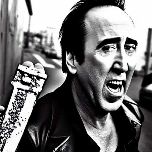 Prompt: uhd candid photo of nicholas cage, down on his luck, ranting maniacally on skid row while wielding a banana. correct face, intricate details, hyperdetailed, accurate face. photo by annie leibowitz