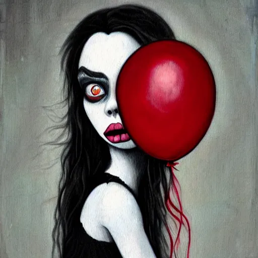 Image similar to grunge painting of billie eilish with a wide smile and a red balloon by chris leib, loony toons style, pennywise style, corpse bride style, horror theme, detailed, elegant, intricate