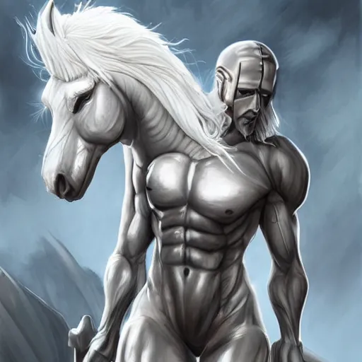 Image similar to a musclebound anthropomorphized horse with a magnificently muscular physique wearing a tight kevlar battle outfit while protecting a facility, long white hair, equine, anthro art, furaffinity, highly detailed, digital painting, artstation, sharp focus, concept art, illustration, art by artgerm, greg rutkowski, wlop