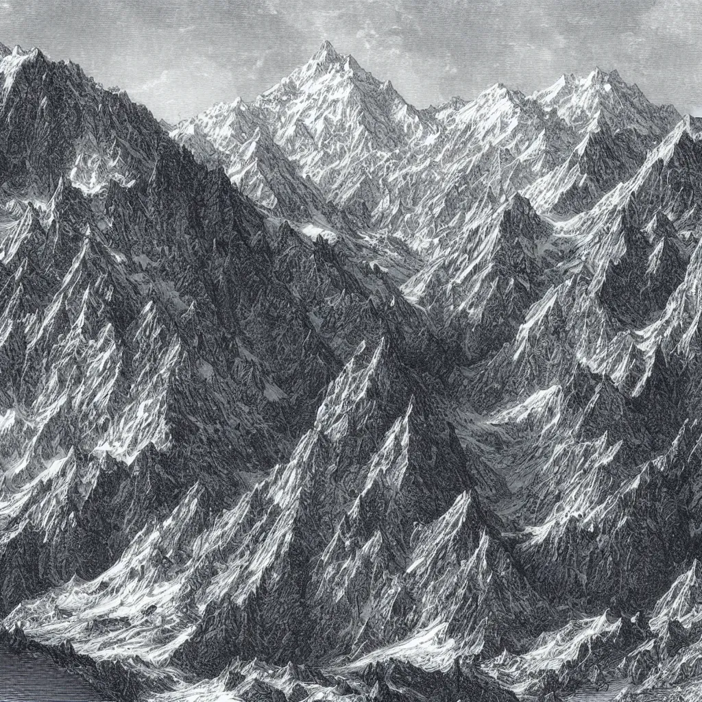 Prompt: an engraving of mont blanc in the alps by gustave dore, highly detailed