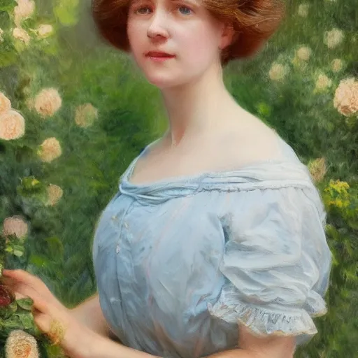 Image similar to portrait painting of a lady wearing a light blue dress 1 9 0 0 s, light, airy, garden, photorealistic, extreme detail, sharp focus, 8 k, intricate, hyper detailed, realistic, cinematic lighting