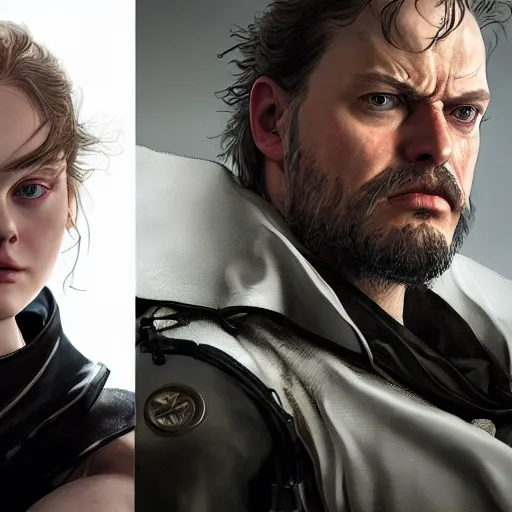 Image similar to leyendecker and peter paul rubens, head and shoulders portrait of a elle fanning in metal gear solid and death stranding, unreal engine, fantasy art by global illumination, radiant light, detailed and intricate environment