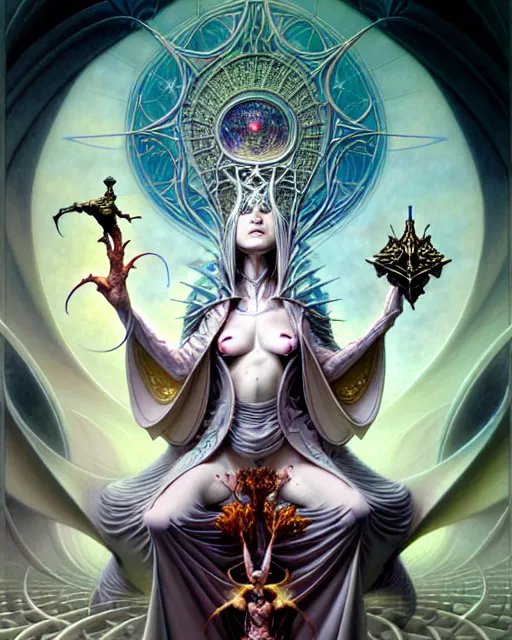 Prompt: the high priestess tarot card, fantasy character portrait made of fractals, ultra realistic, wide angle, intricate details, the fifth element artifacts, highly detailed by peter mohrbacher, hajime sorayama, wayne barlowe, boris vallejo, aaron horkey, gaston bussiere, craig mullins