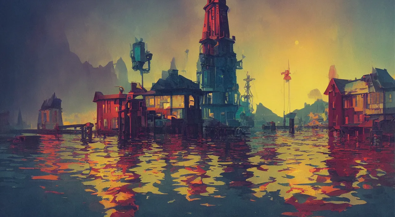 Prompt: flooded colorful single weird tower, very coherent high contrast!! painting by simon stalenhag carl spitzweg rene magritte syd mead norman rockwell edward hopper james gilleard, dark shadows, sunny day, triadic color scheme, hard lighting, masterpiece