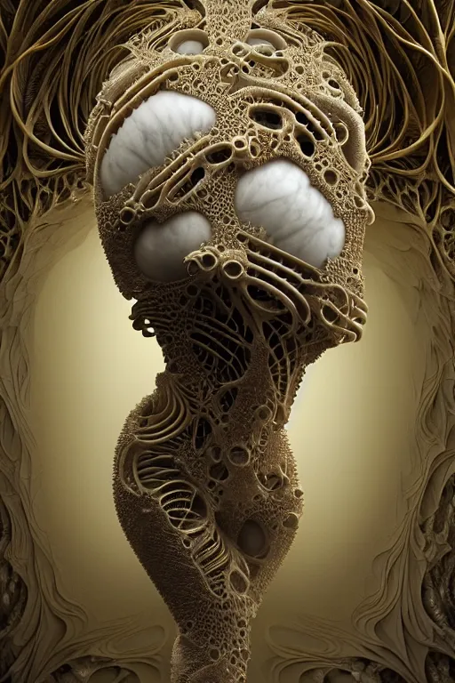 Image similar to carved white marble female biomechanical sculpture, realistic face, persian rug, Mandelbulb 3d fractal, trending on artstation, subtle gold accents, beautifully lit, by zdzislaw beksinski, tsutomu nihei, peter mohrbacher, hyper detailed, insane details, intricate, elite, ornate, elegant, luxury, dramatic lighting, cgsociety, hypermaximalist, golden ratio, environmental key art, octane render, weta digital, micro details, structure, ray trace, 4k, epic, masterpiece