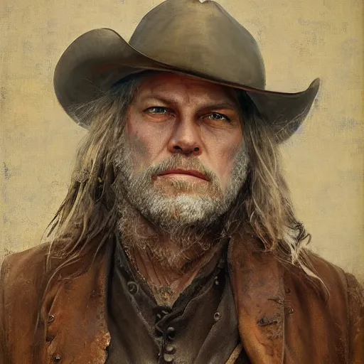 Image similar to Solomon Joseph Solomon and Richard Schmid and Jeremy Lipking victorian genre painting portrait painting of David Gilmour a rugged cowboy gunfighter old west character in fantasy costume, rust background