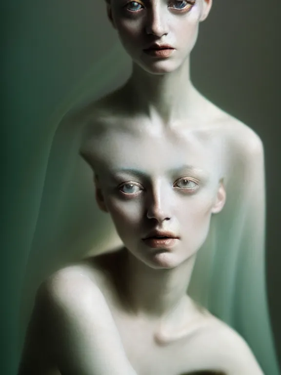 Image similar to cinestill 5 0 d photo portrait of a beautiful hybrid woman in style of paolo roversi by roberto ferri, translucent weird marble body intricate detailed, intricate dreamy marble ornamental hair, 5 0 mm lens, f 1. 4, sharp focus, ethereal, emotionally evoking, head in focus, volumetric lighting, matt tonal colors outdoor