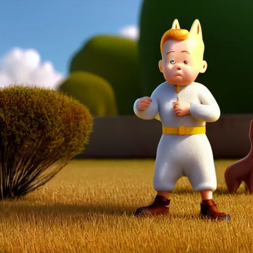 Image similar to tintin and his white wire fox terrier, depicted as a pixar character, high quality cg render, 8 k