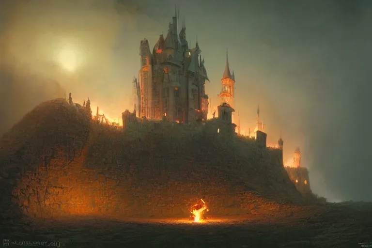 Image similar to a castle at night being lit up by the fire of a dragon, Les Edwards, Zdzislaw Beksinski, Carl Gustav Carus, John Harris, Michal Karcz, Zhang Kechun, Mikko Lagerstedt, Scott Listfield, Steven Outram, Jessica Rossier