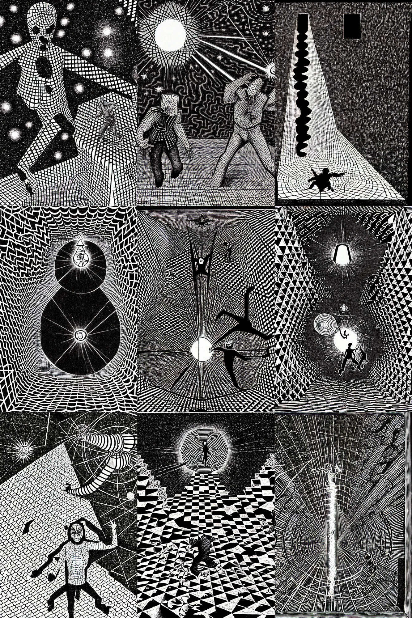 Prompt: a crazed shadowy figure fighting the king of light in the middle of the universe by bersinski and mc escher tesselation detail.