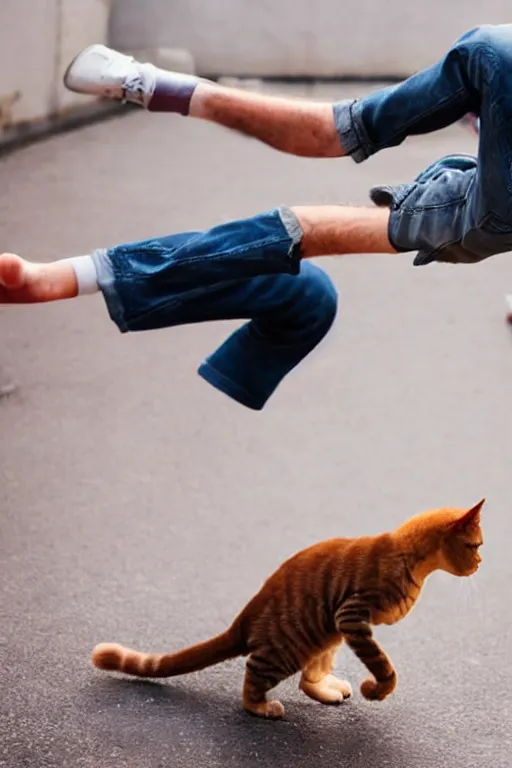 Image similar to a photo of young man falling from walking over a hairless cat