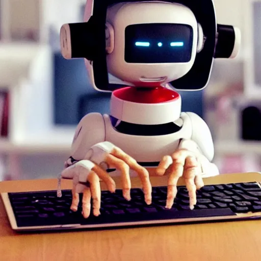 Image similar to Cute pet robot laughs maniacally as it types on a computer, adorable friendly robot, wearing goggles, typing on a computer