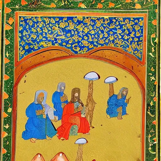 Prompt: medieval illuminated sacred text in the style of persian miniature painting by Kamāl al-Dīn Bihzād, painting of mushrooms and mycelium with gold leaf and green and blue butterflies