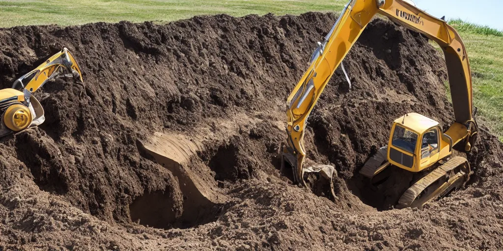 Prompt: A retro excavator digging a hole in a trench