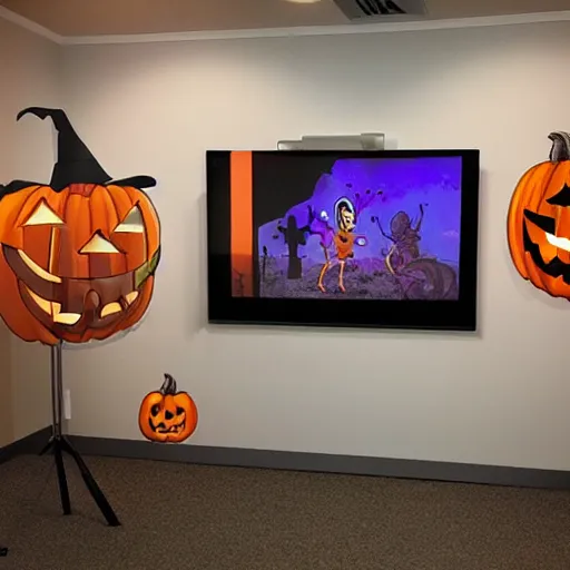 Image similar to Halloween TV show room with big screen on the wall by Disney Concept Artists, blunt borders, rule of thirds