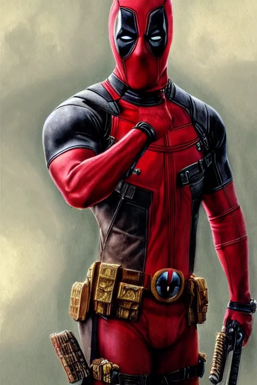 Image similar to photorealistic portrait photograph of deadpool as a glorious regal marvel hero, sleek outfit, upper body, fantasy, handsome, depth of field, soft focus, highly detailed, intricate, realistic, national geographic cover, soft glow, textured, artstation, concept art, sharp focus, illustration, art by artgerm and greg rutkowski and alphonse mucha