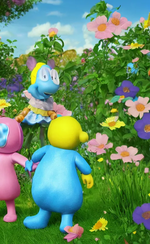 Prompt: igglepiggle and upsydaisy in the night garden hd render, highly detailed, realistic, digital art