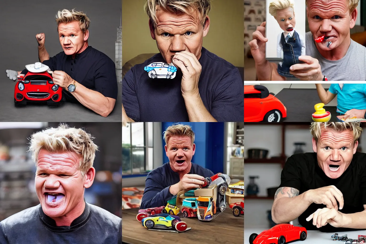 Prompt: gordon ramsay putting toy cars into his own mouth