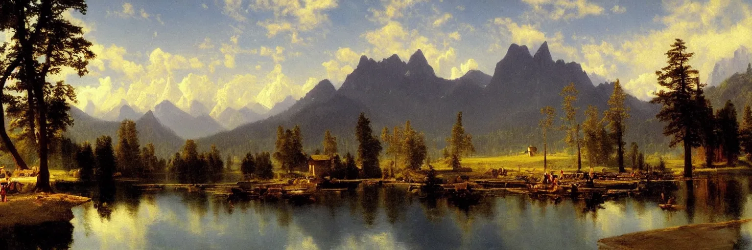 Image similar to beautiful albert bierstadt landscape painting of beautiful mountains and lakes with a mcdonald ’ s fast food restaurant in the scene